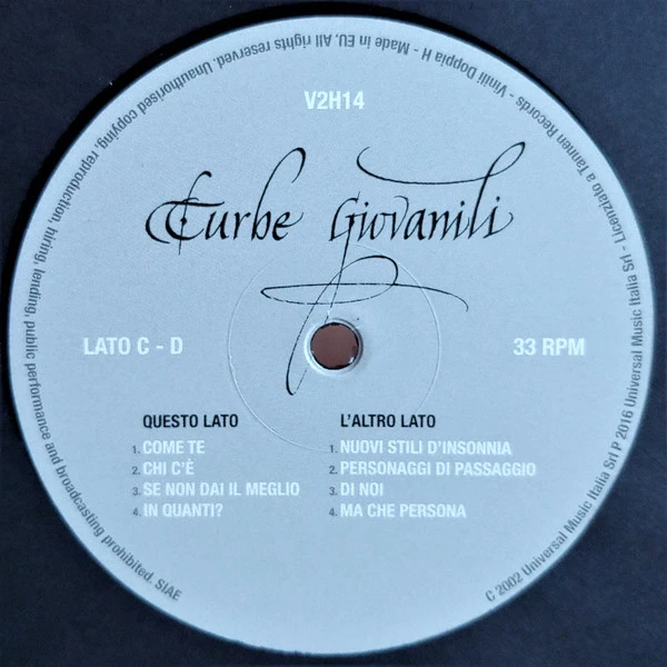 Il vinile di Turbe Giovanili: doppio vinile nero, ristampa 2016 di Tannen Records